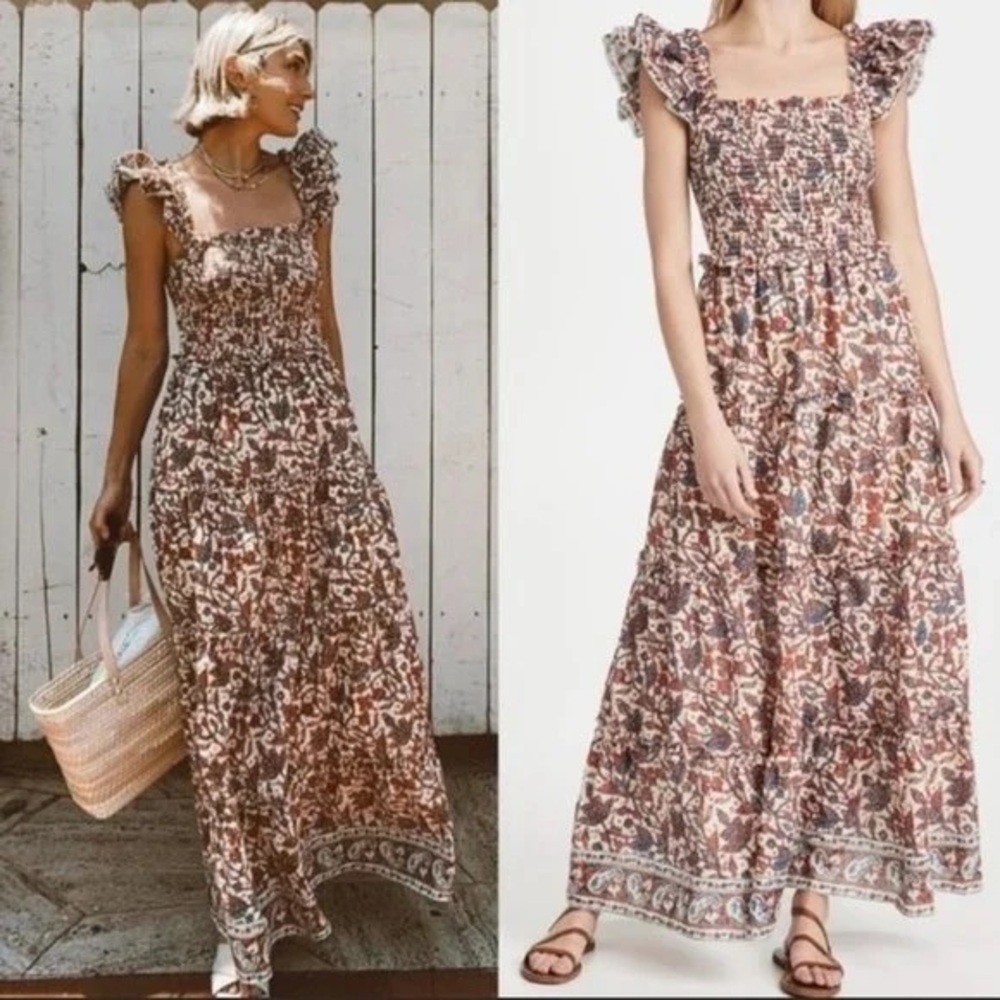 Love the Label Floral Paisley Smocked Tiered Ruffle Orange Blue Maxi Dress M